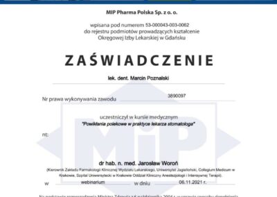 Certyfikat - Dr Marcin Poznalski - Szkolenie Powikłania polekowe