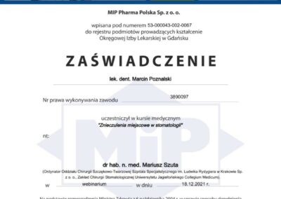 Certyfikat - Dr Marcin Poznalski - Szkolenie Znieczulenia miejscowe w stomatologii