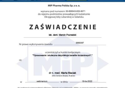 Certyfikat - Dr Marcin Poznalski - Szkolenie z endodoncji