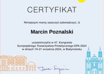 Certyfikat - Dr Marcin Poznalski - Kongres EPA 2024