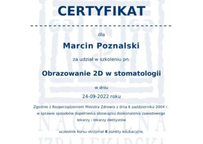 Certyfikat - Dr Marcin Poznalski - Szkolenie Obrazowanie 2D w stomatologii